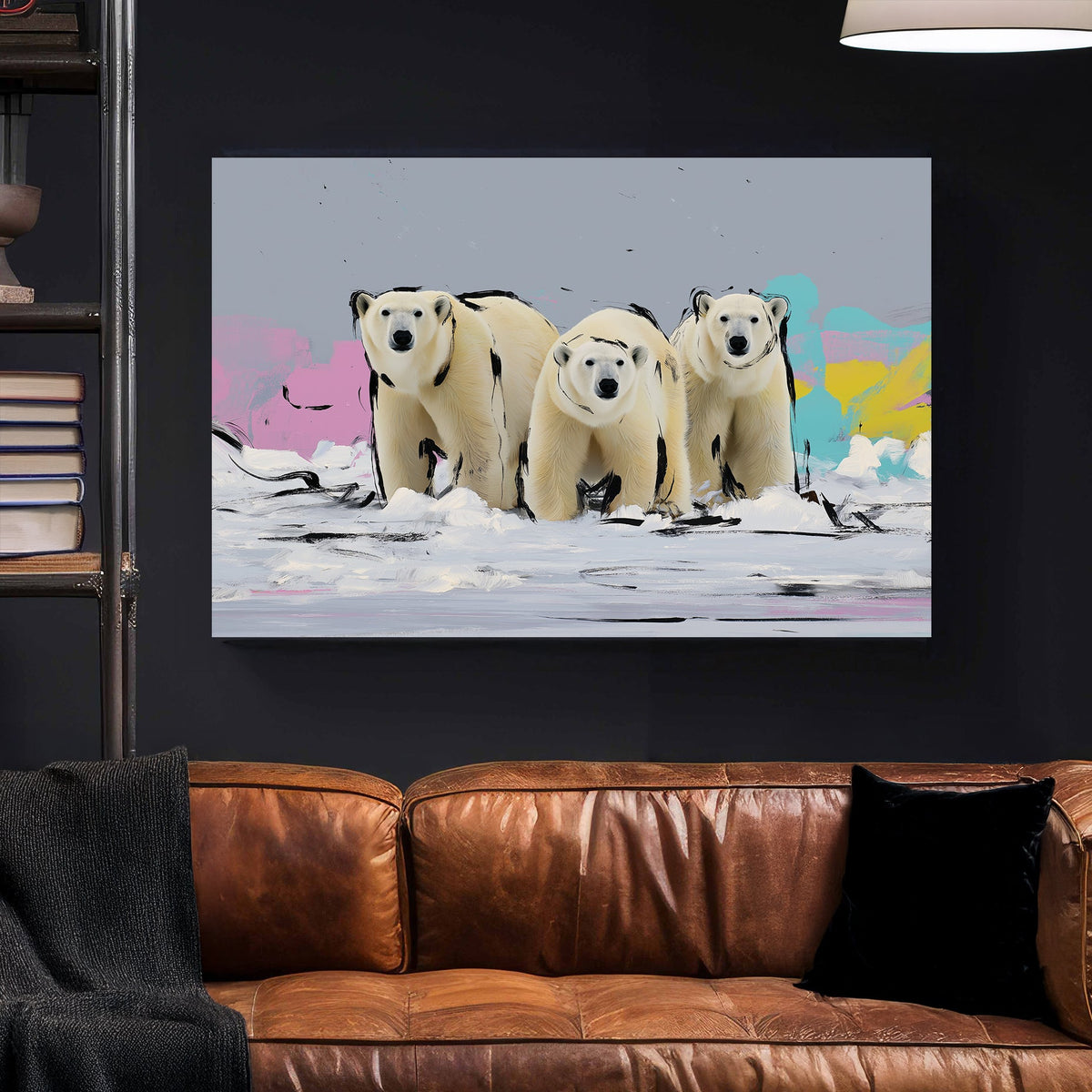 three polar bears pop art wall art in snowy arctic with pastel background
