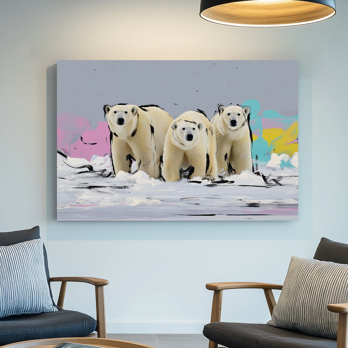 three polar bears pop art wall art in snowy arctic with pastel background