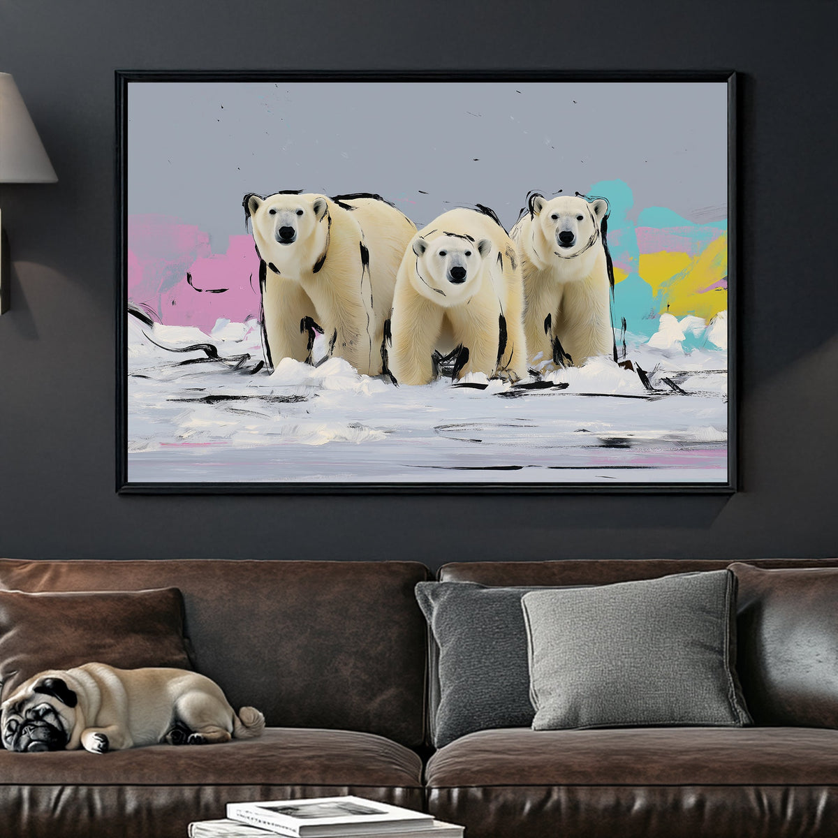 three polar bears pop art wall art in snowy arctic with pastel background