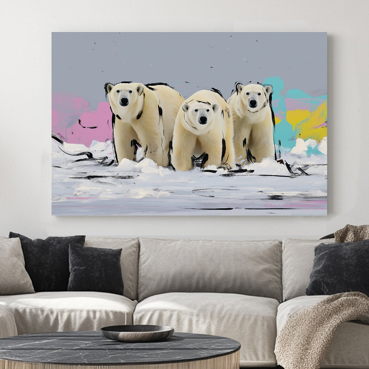 three polar bears pop art wall art in snowy arctic with pastel background