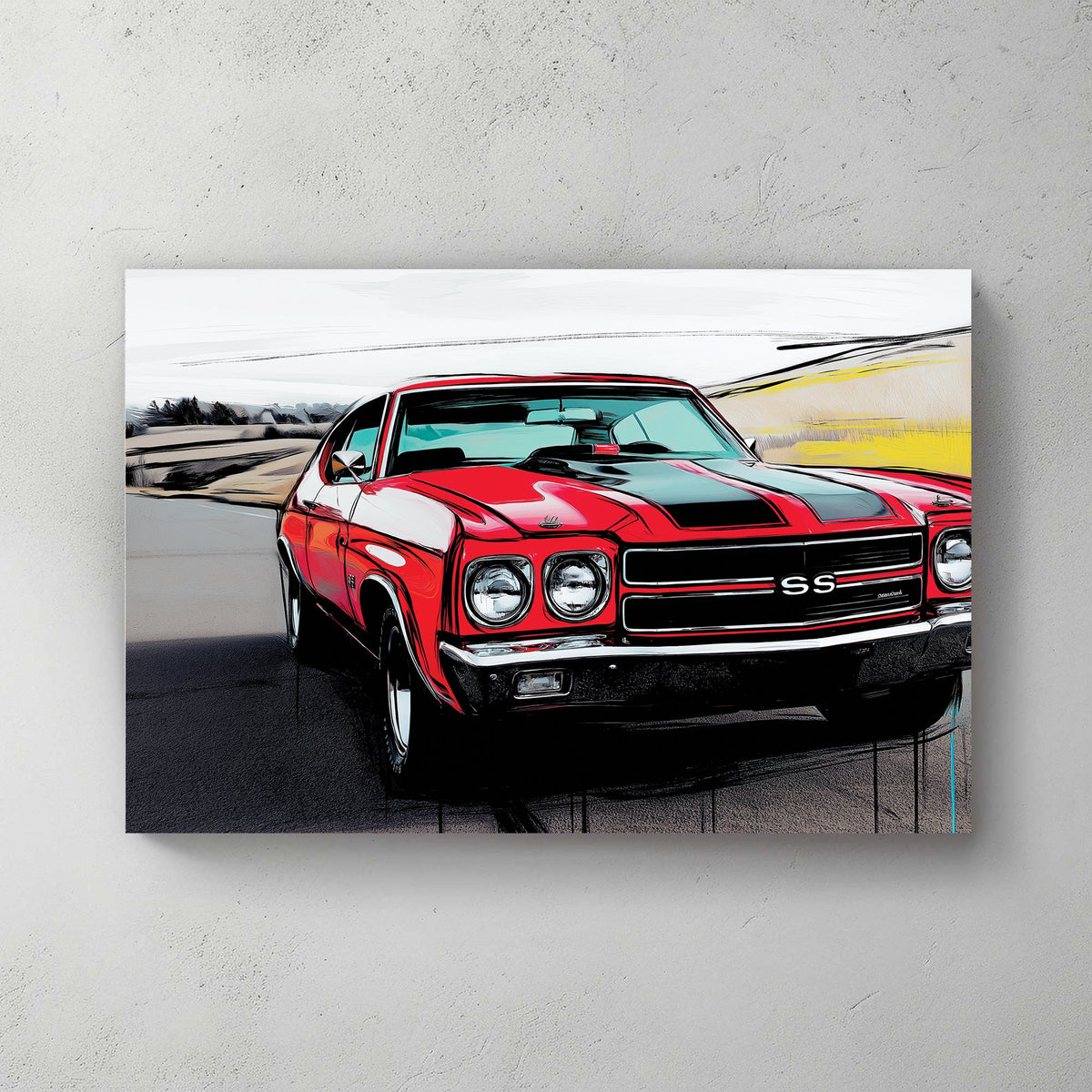 red chevelle ss muscle car wall art with black racing stripes