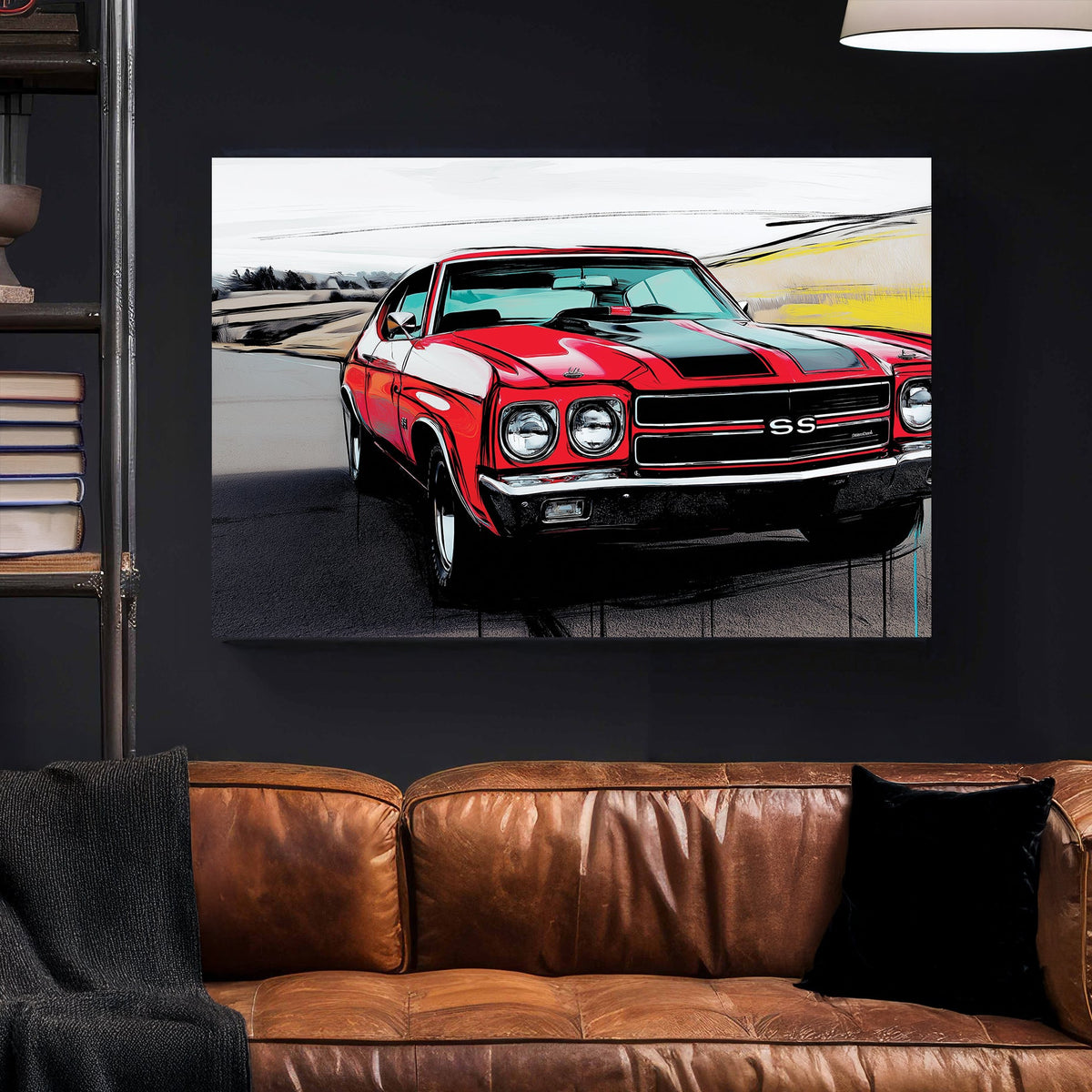 red chevelle ss muscle car wall art with black racing stripes