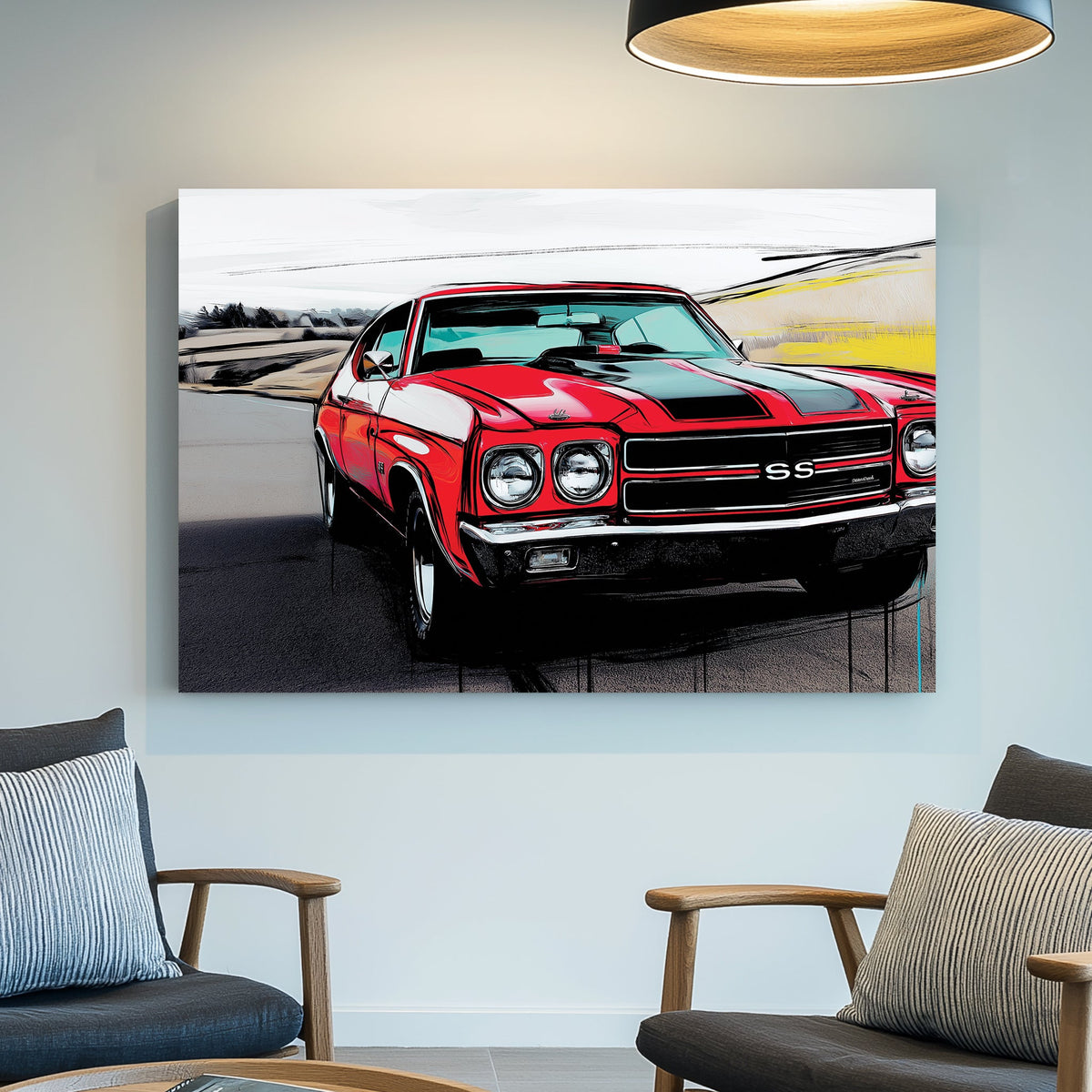 red chevelle ss muscle car wall art with black racing stripes