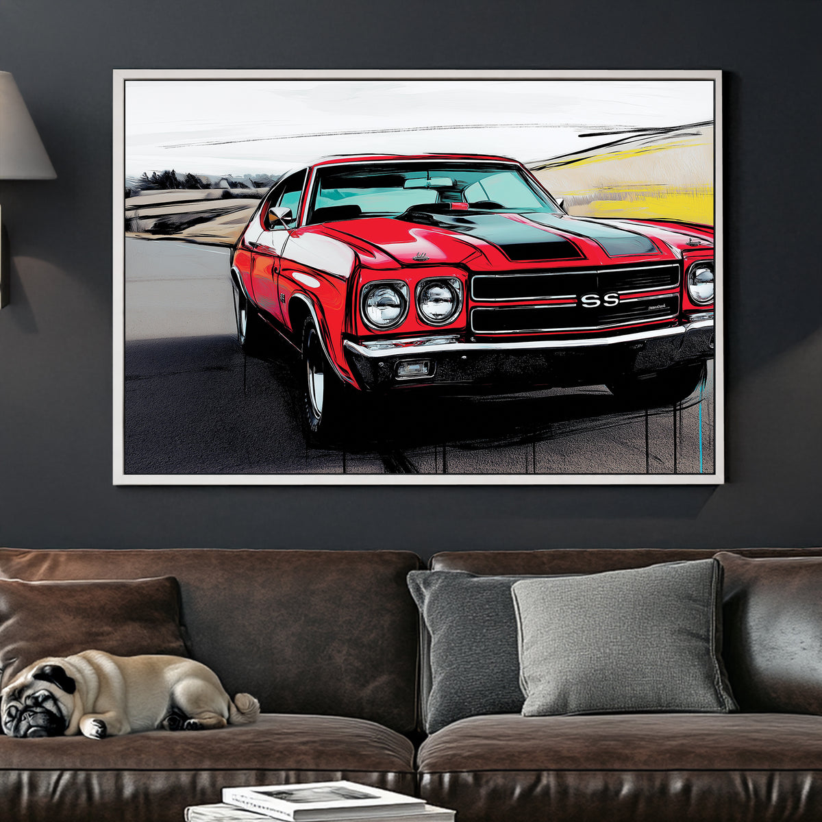 red chevelle ss muscle car wall art with black racing stripes