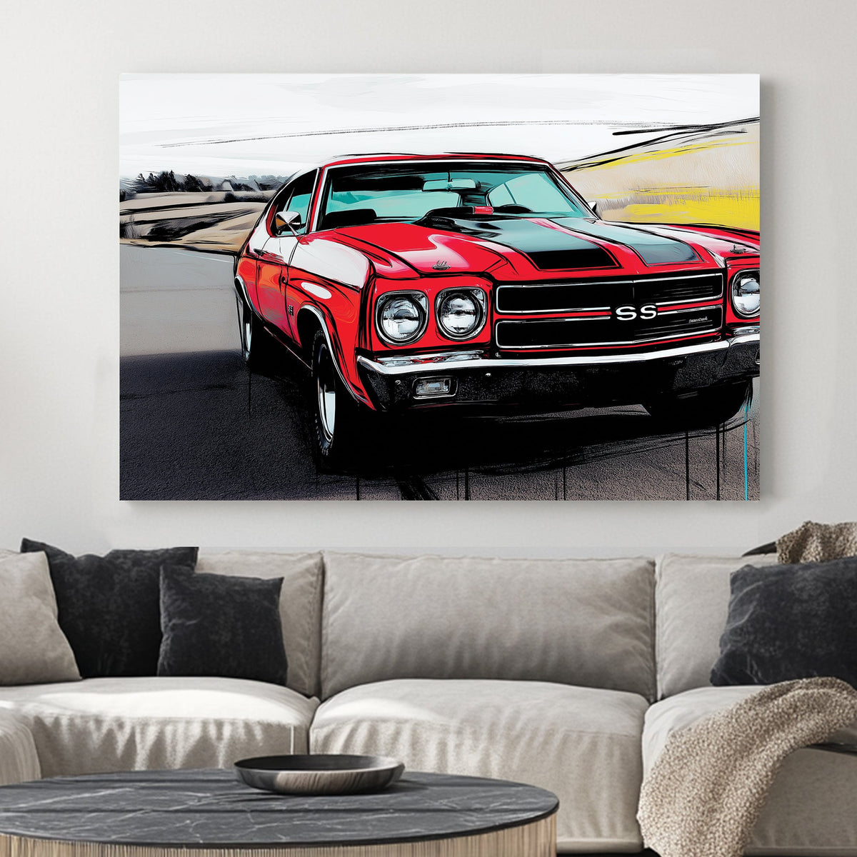 red chevelle ss muscle car wall art with black racing stripes