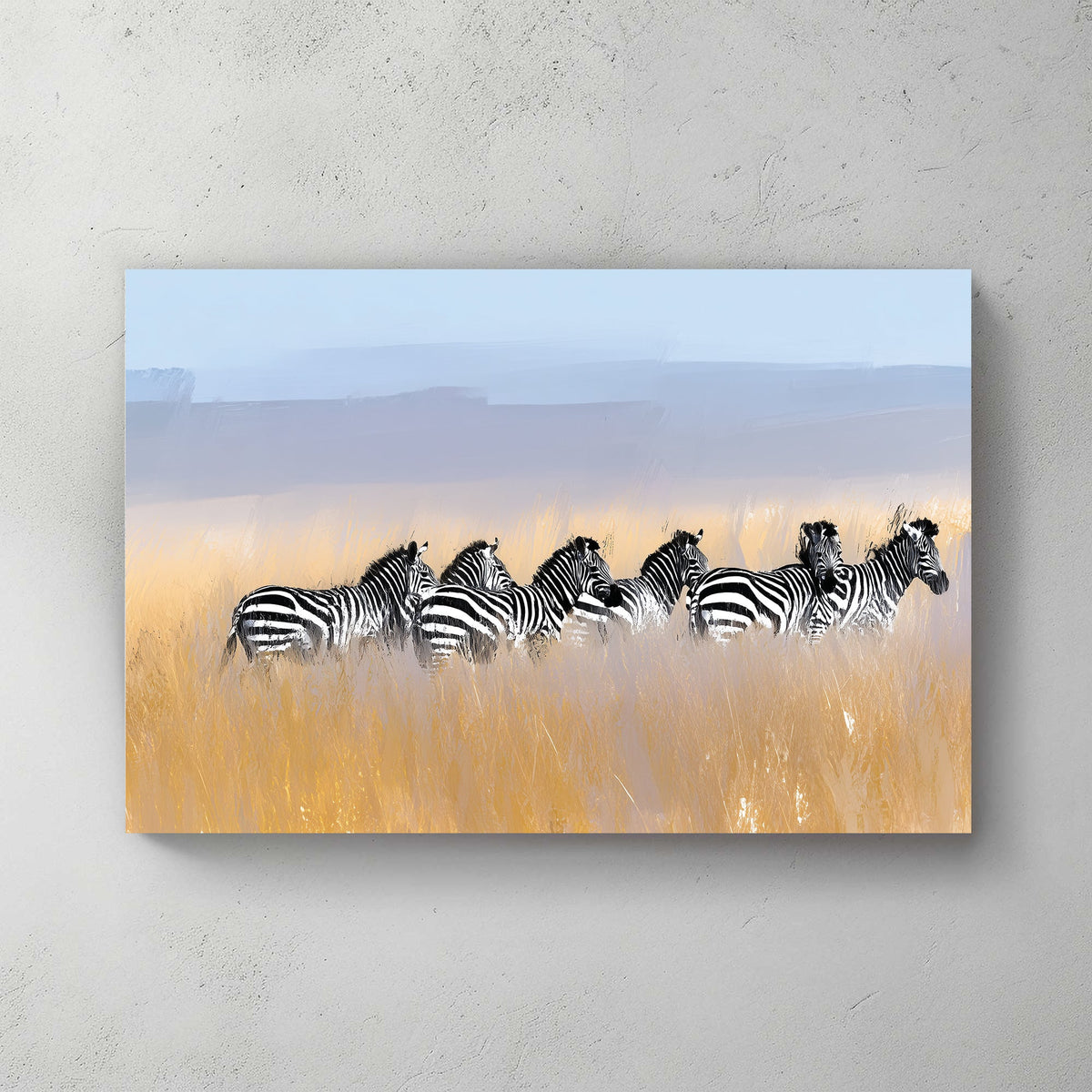 zebra herd in savannah field wall art with soft pastel sky