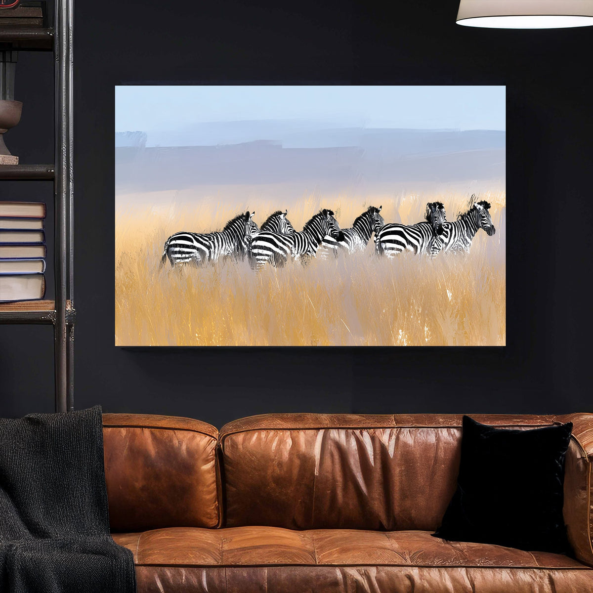 zebra herd in savannah field wall art with soft pastel sky
