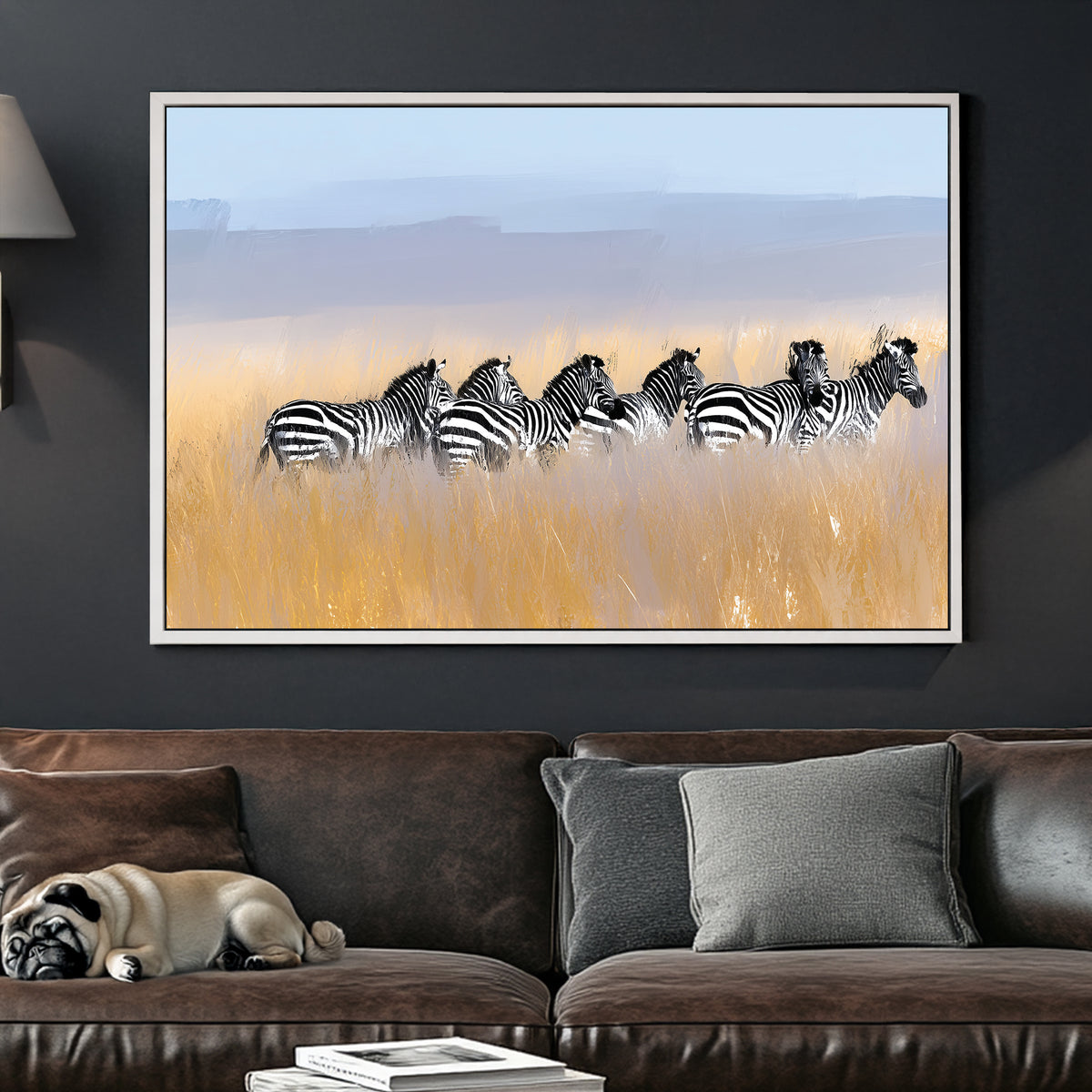 zebra herd in savannah field wall art with soft pastel sky