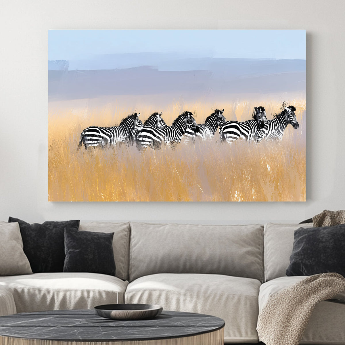 zebra herd in savannah field wall art with soft pastel sky