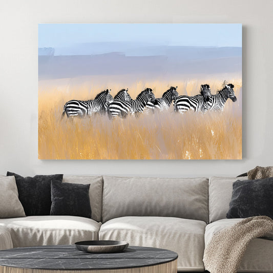 zebra herd in savannah field wall art with soft pastel sky