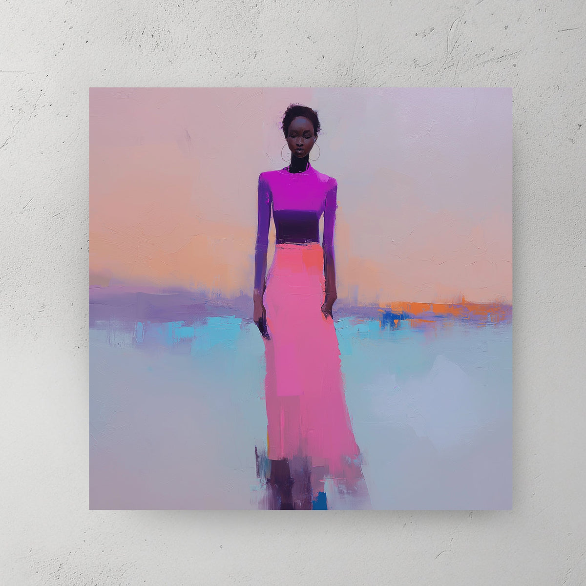 modern wall art of a woman in pink and purple on pastel background