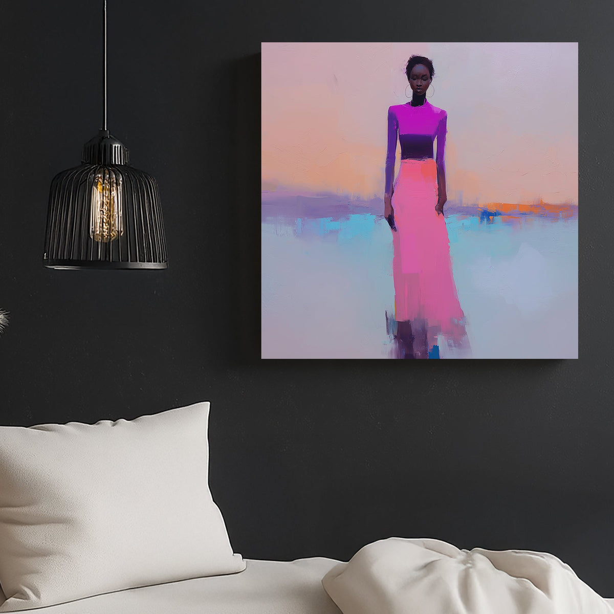 modern wall art of a woman in pink and purple on pastel background