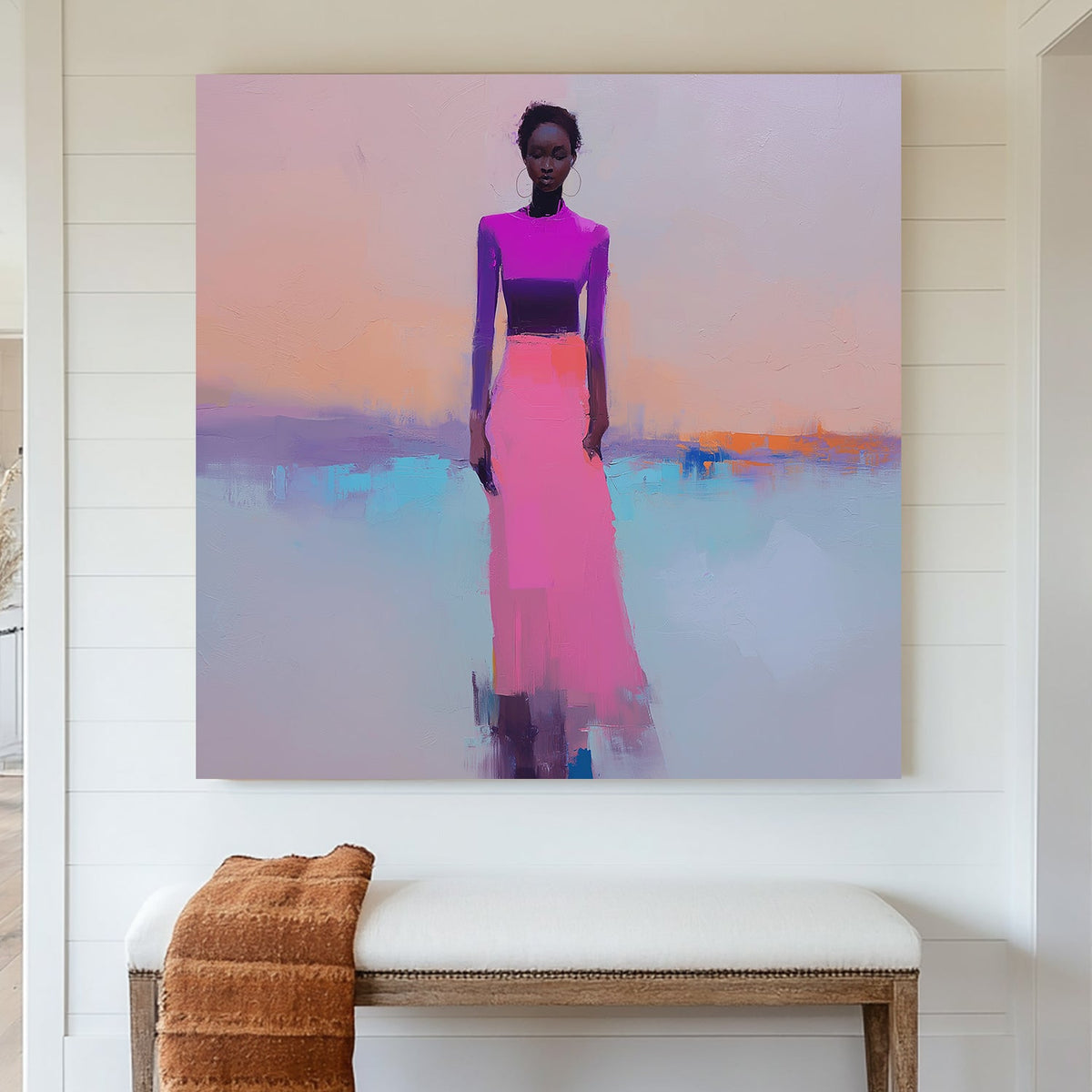 modern wall art of a woman in pink and purple on pastel background