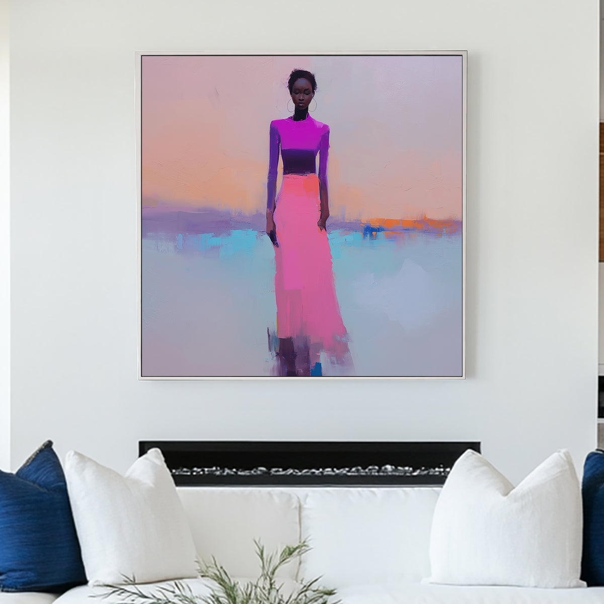 modern wall art of a woman in pink and purple on pastel background