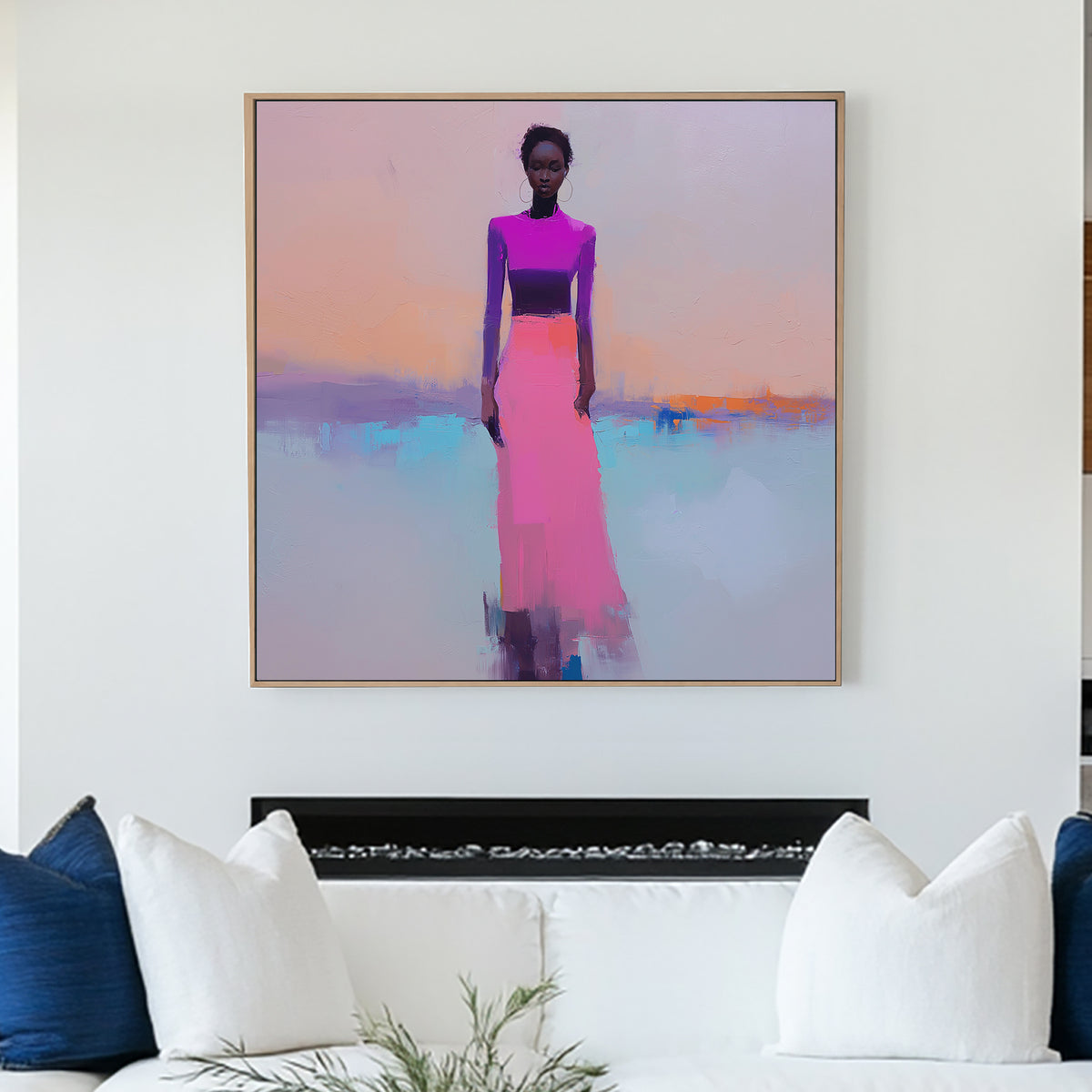 modern wall art of a woman in pink and purple on pastel background