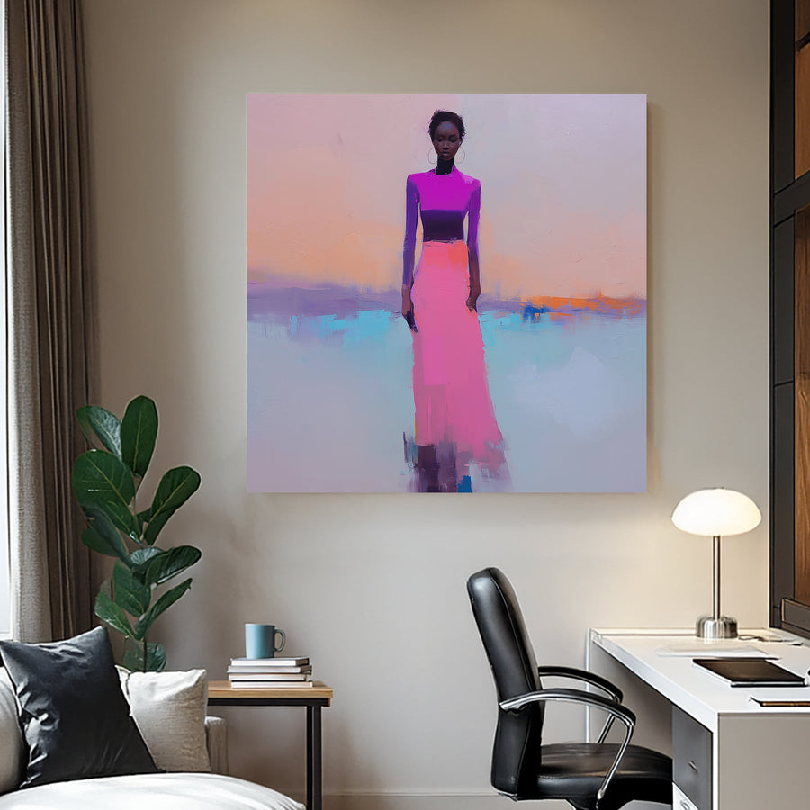modern wall art of a woman in pink and purple on pastel background