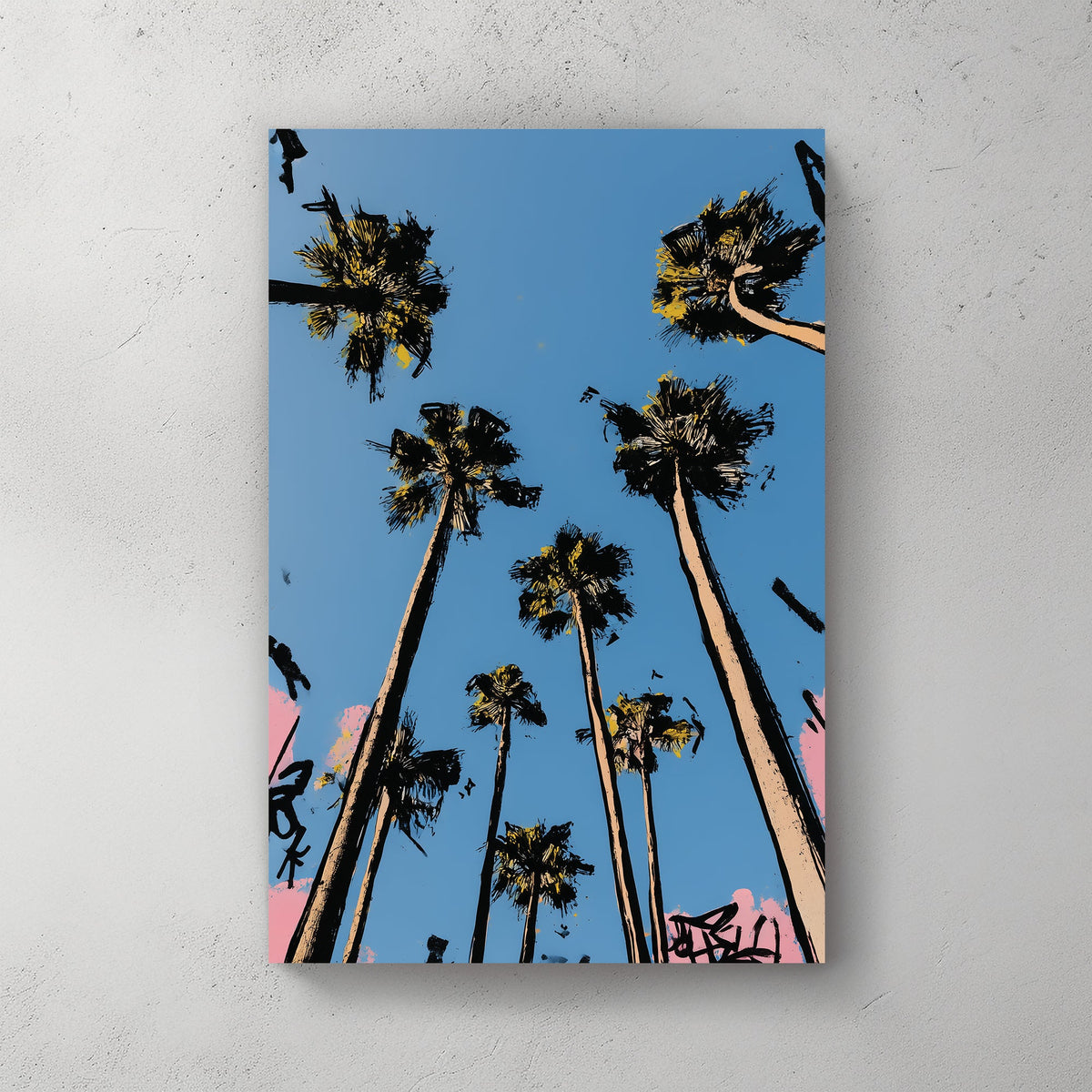 graffiti-style palm trees wall art against blue sky