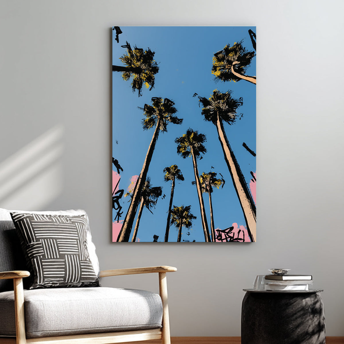 graffiti-style palm trees wall art against blue sky