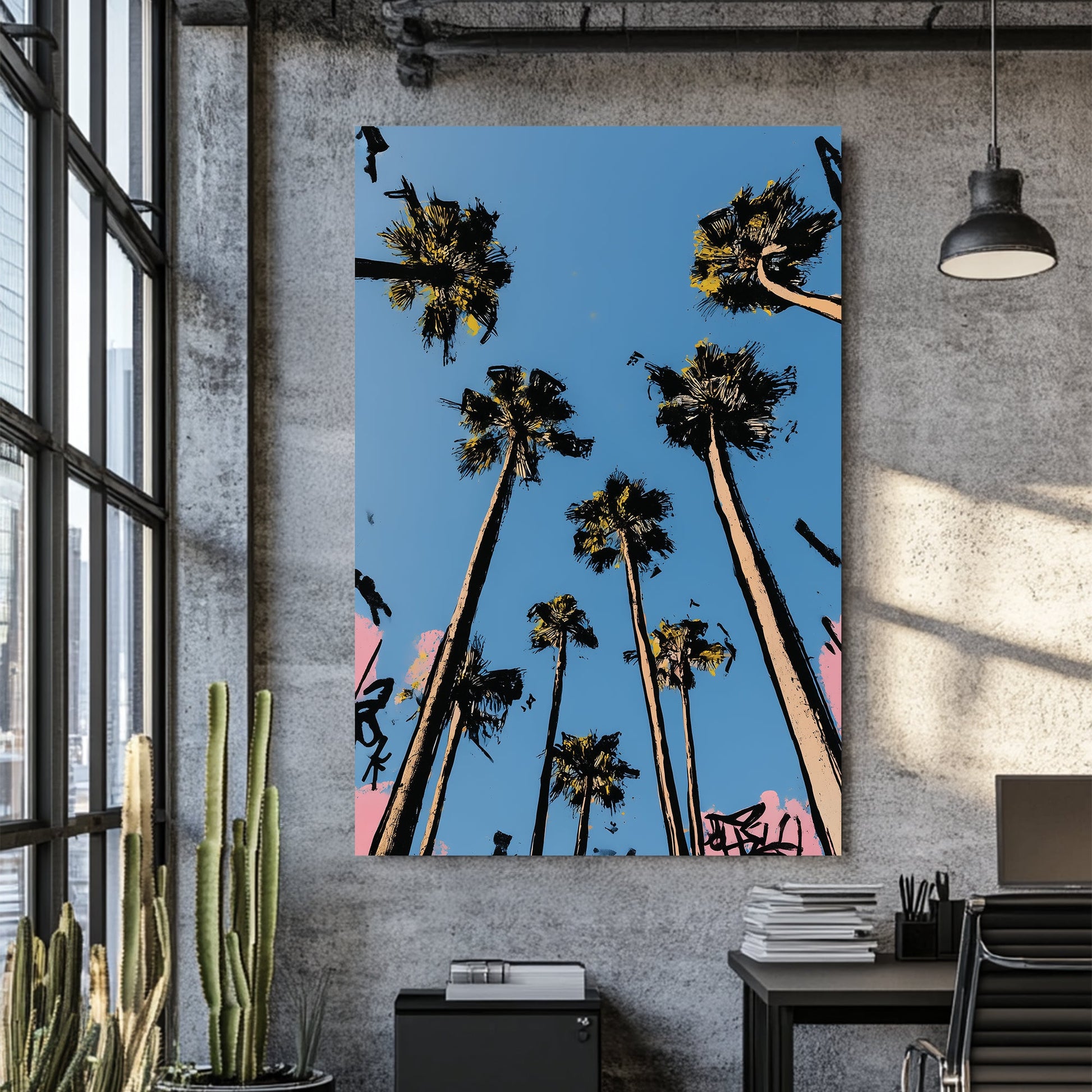 graffiti-style palm trees wall art against blue sky