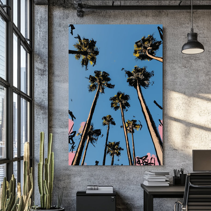 graffiti-style palm trees wall art against blue sky