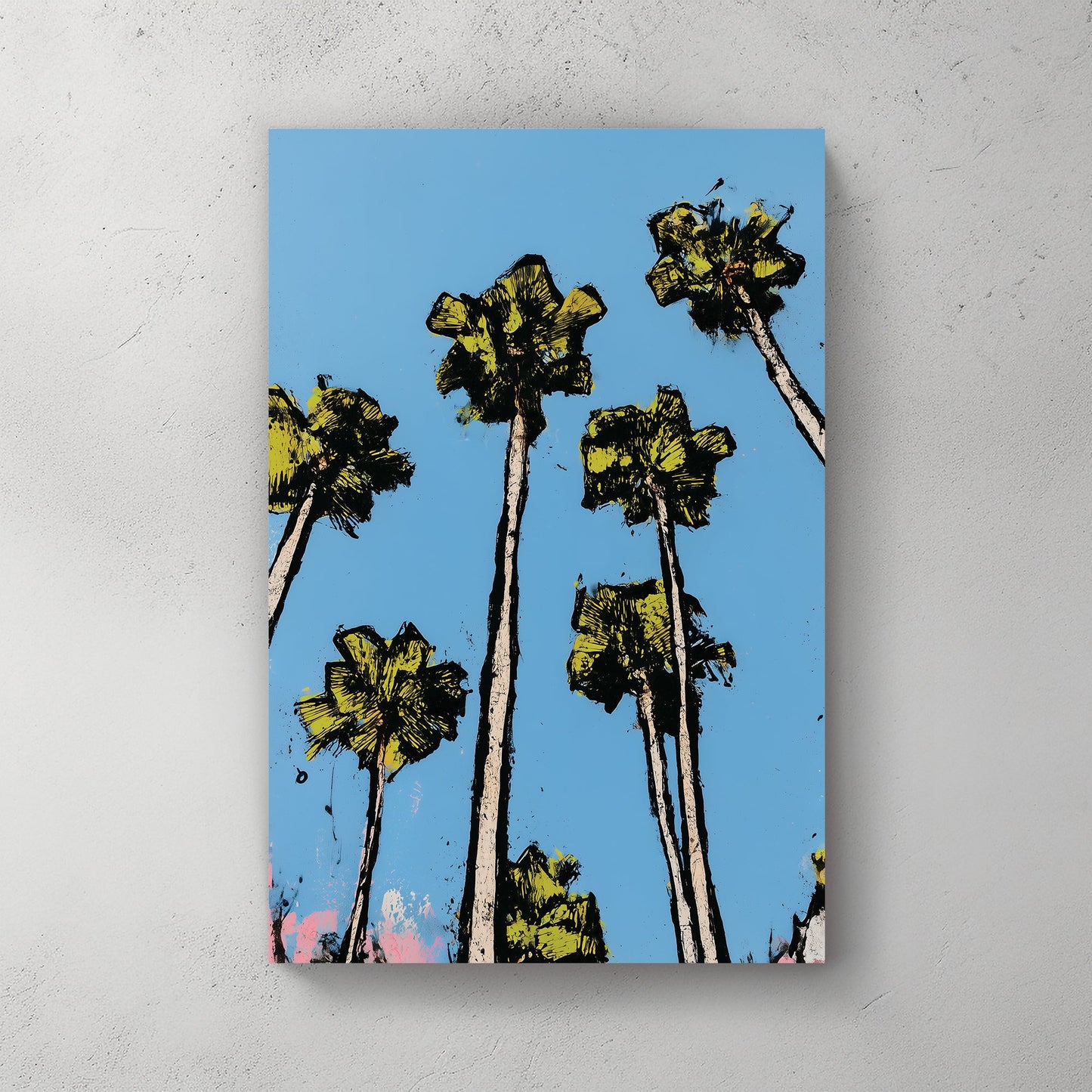 graphic palm tree wall art with bright blue sky