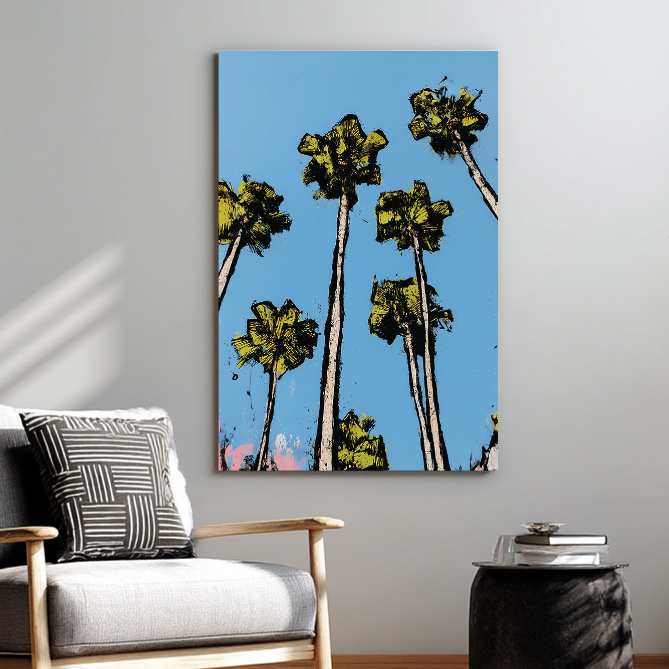 graphic palm tree wall art with bright blue sky