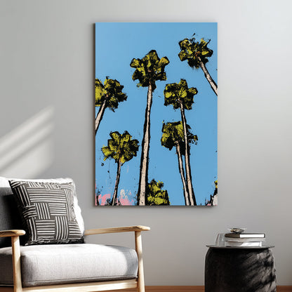graphic palm tree wall art with bright blue sky
