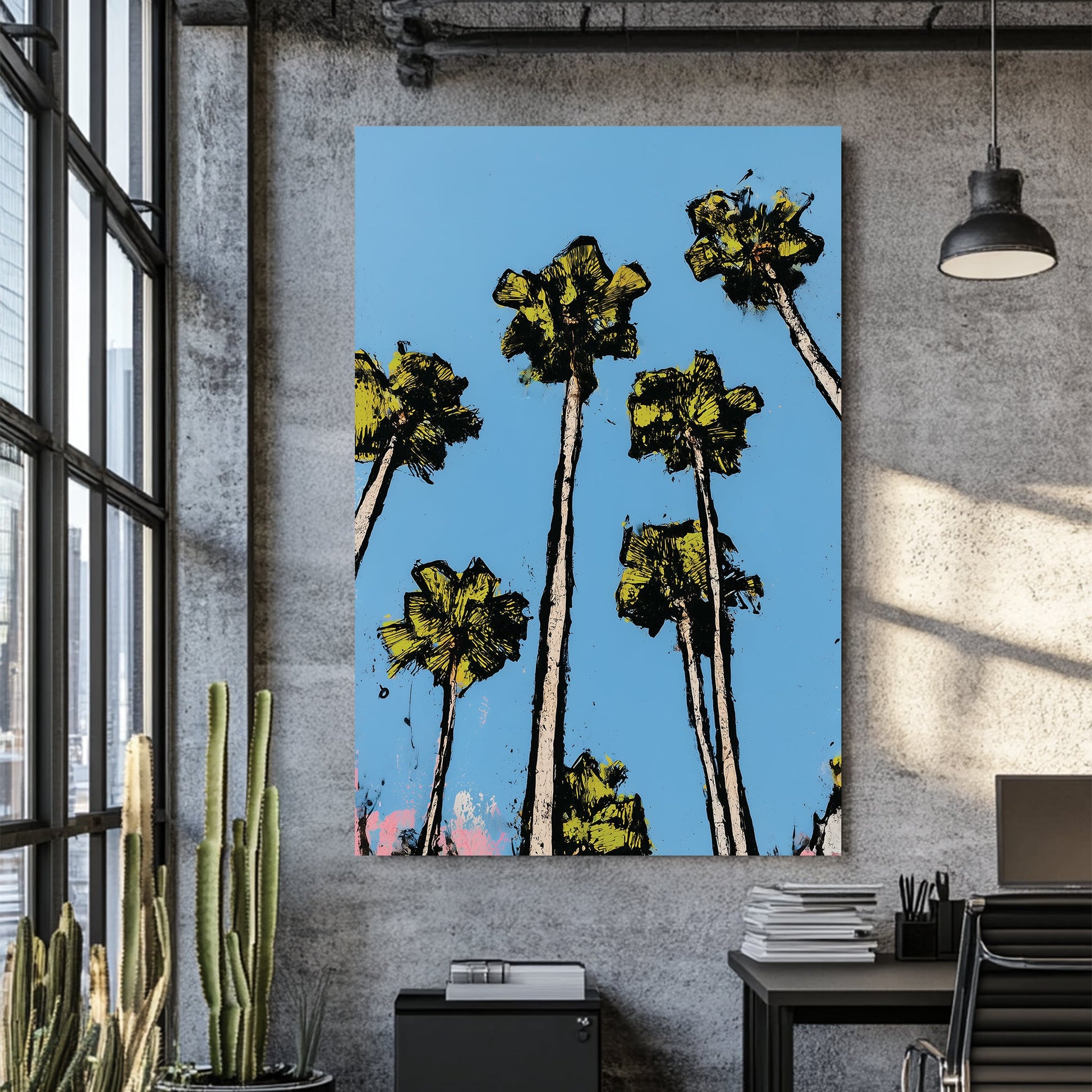 graphic palm tree wall art with bright blue sky