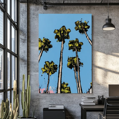 graphic palm tree wall art with bright blue sky