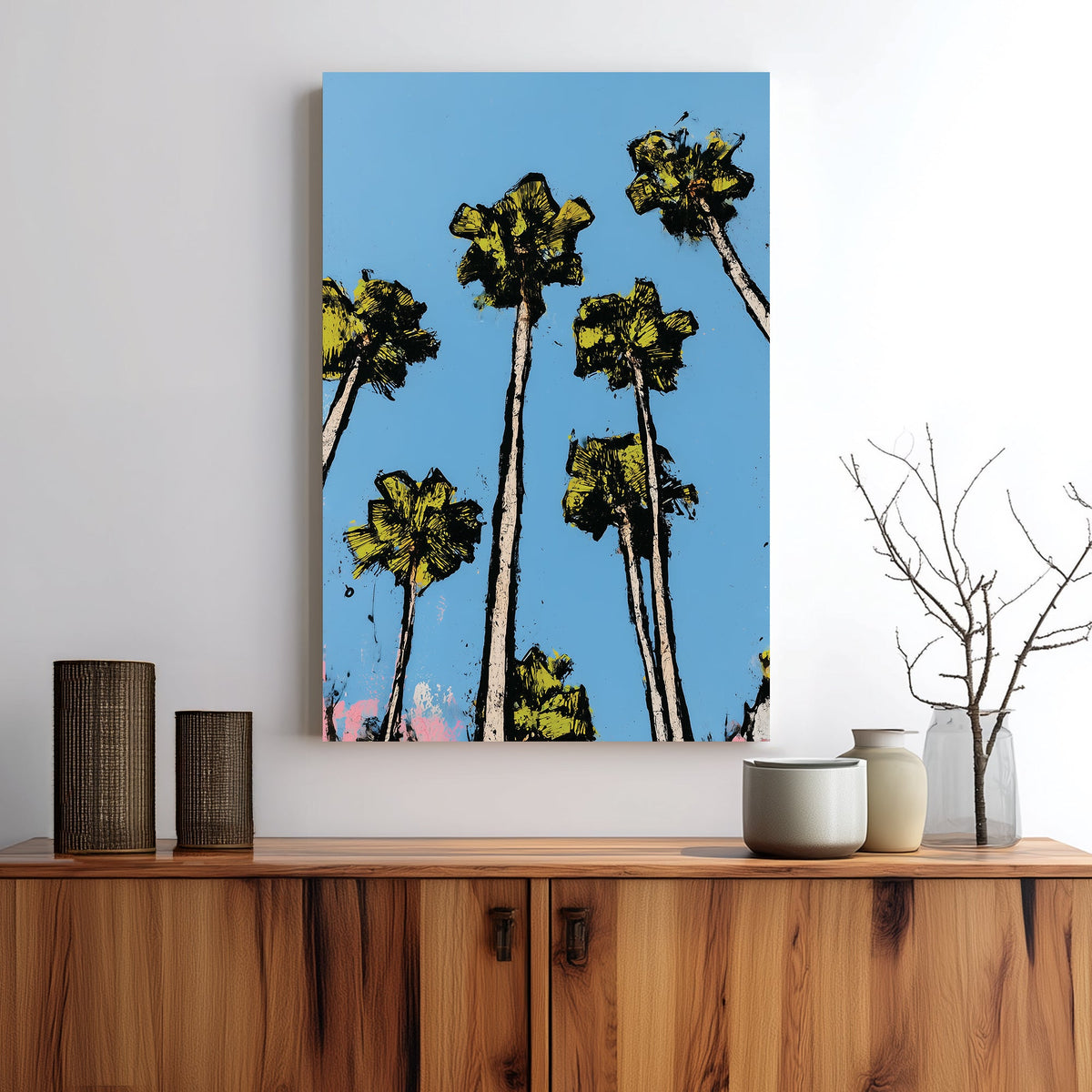 graphic palm tree wall art with bright blue sky