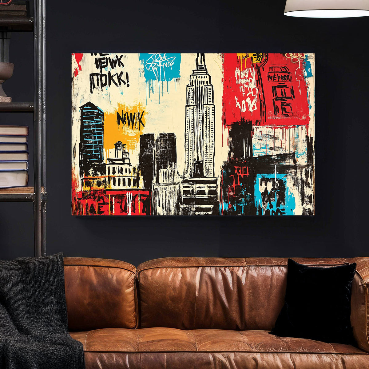 graffiti-style New York wall art with Empire State Building