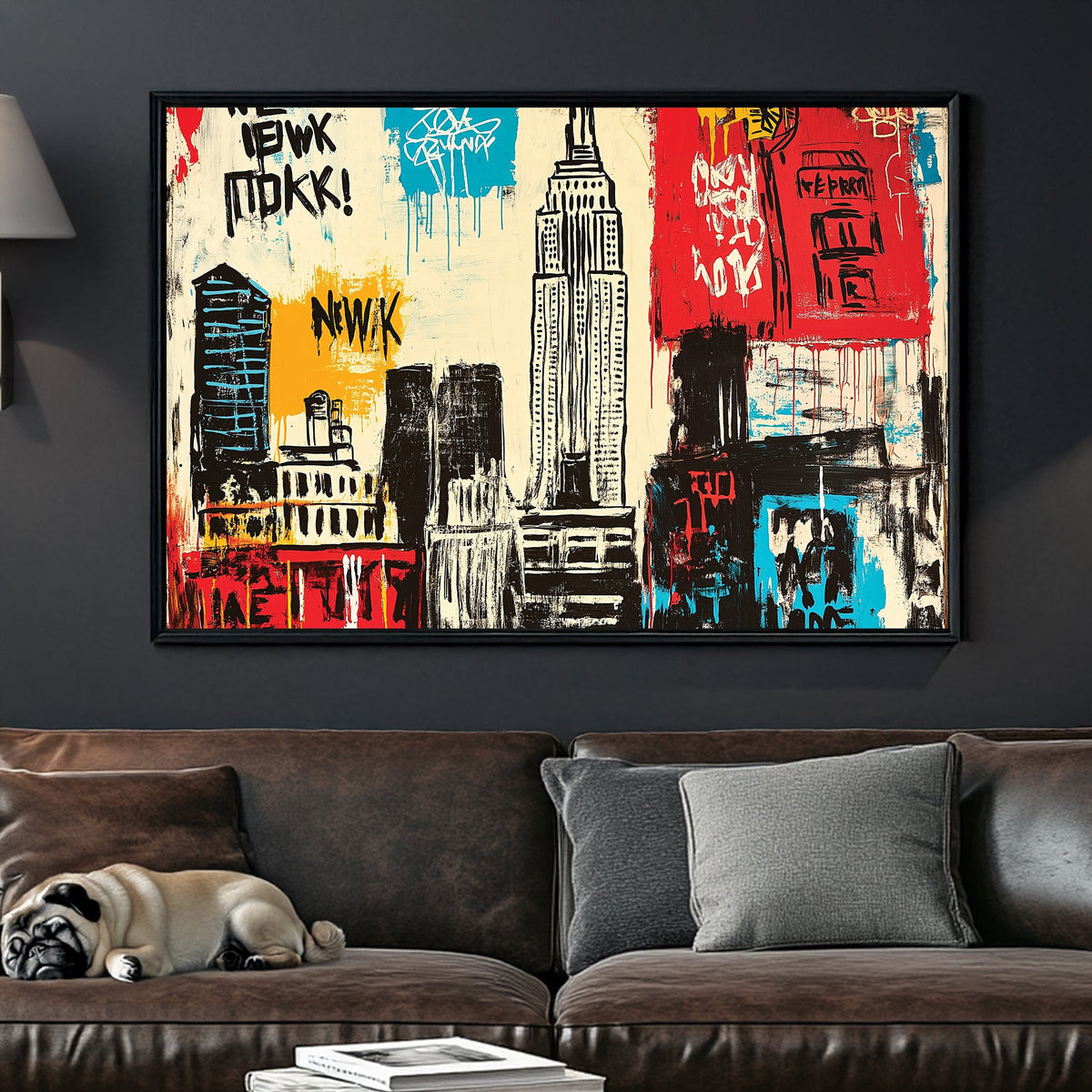 graffiti-style New York wall art with Empire State Building