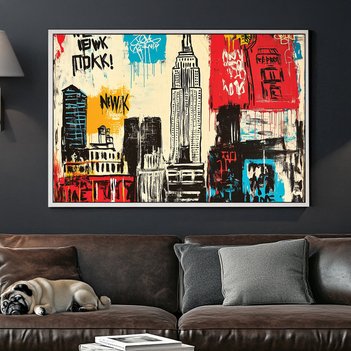 graffiti-style New York wall art with Empire State Building