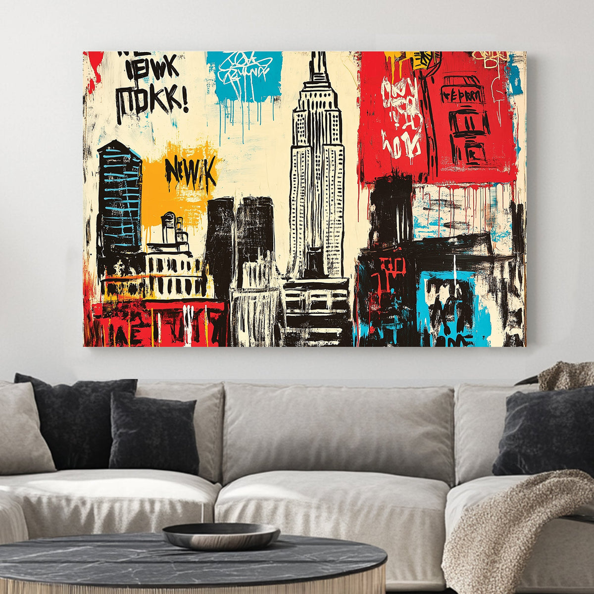 graffiti-style New York wall art with Empire State Building