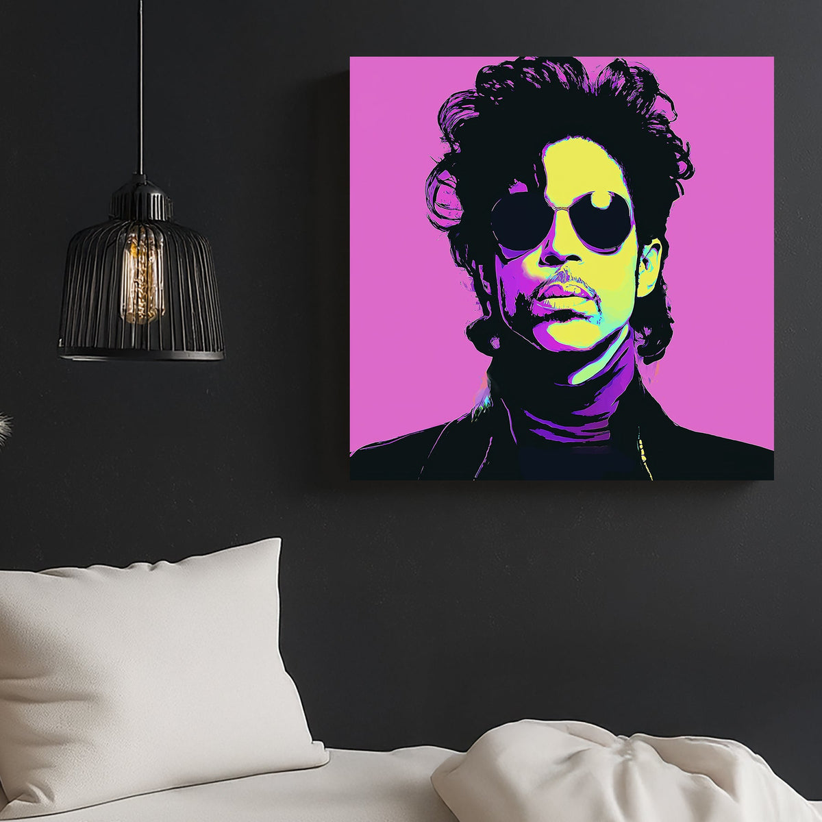 vibrant pop art wall art portrait of iconic musician in neon colours