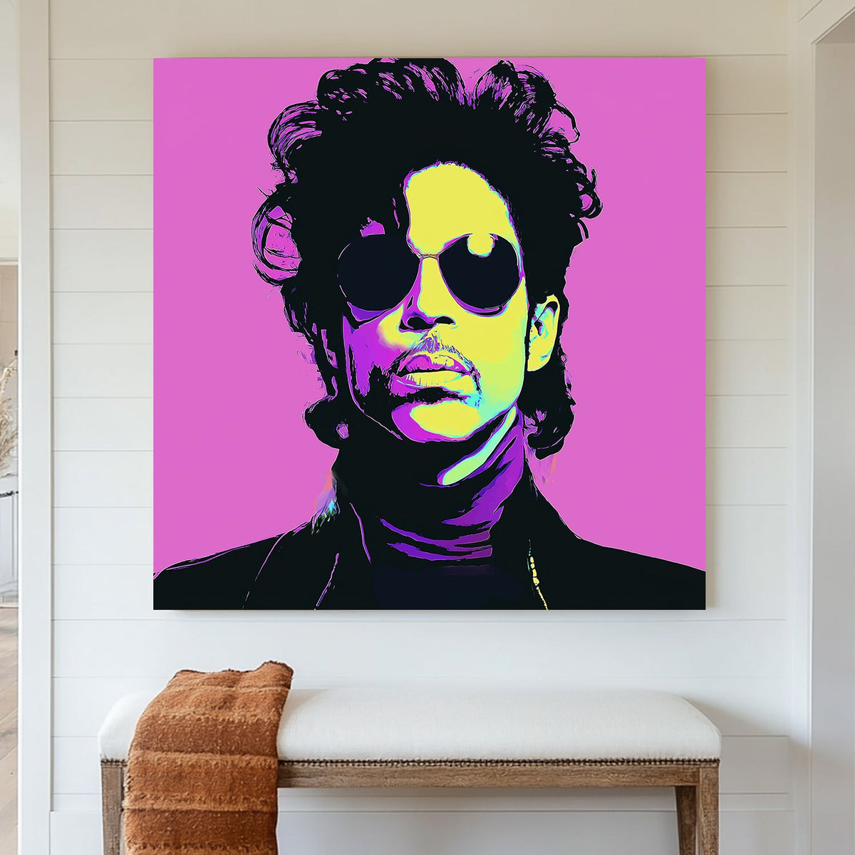 vibrant pop art wall art portrait of iconic musician in neon colours