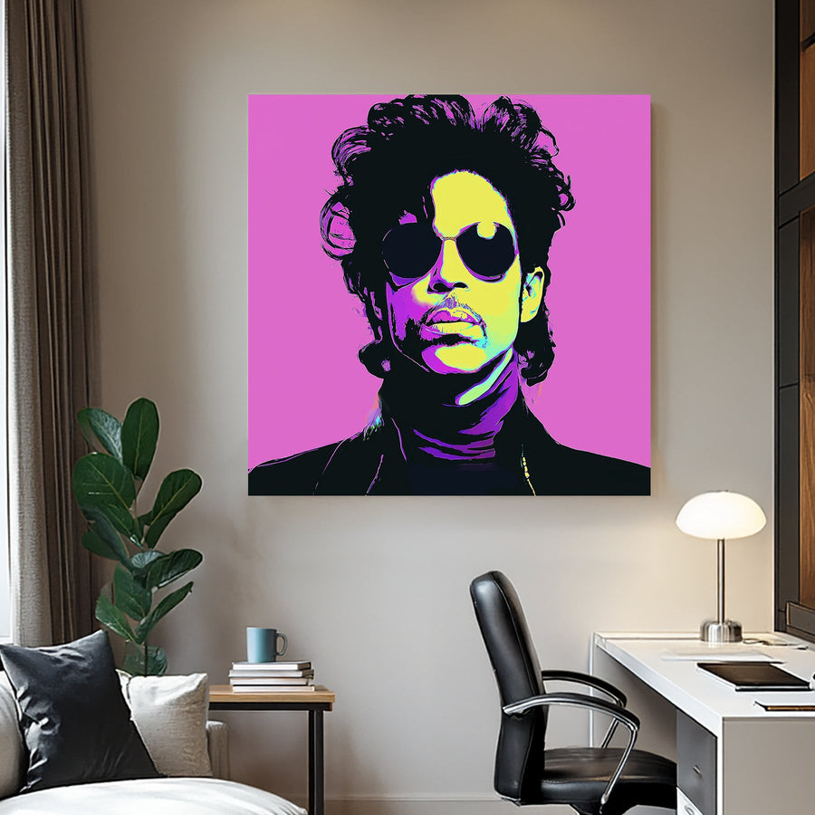 vibrant pop art wall art portrait of iconic musician in neon colours