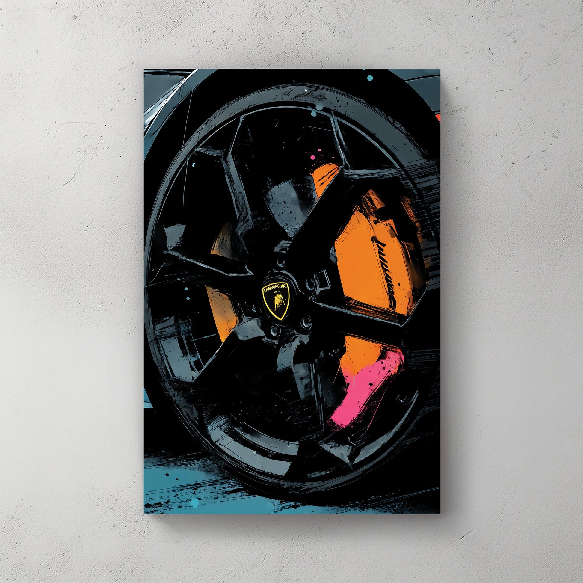 close-up Lamborghini wheel wall art with orange and pink abstract accents