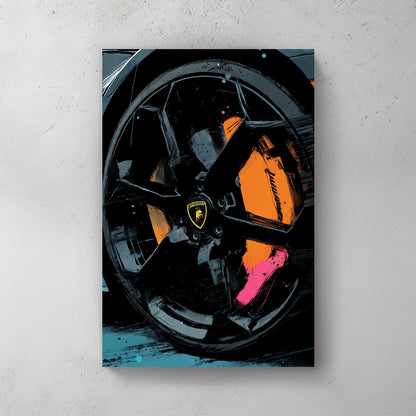 close-up Lamborghini wheel wall art with orange and pink abstract accents