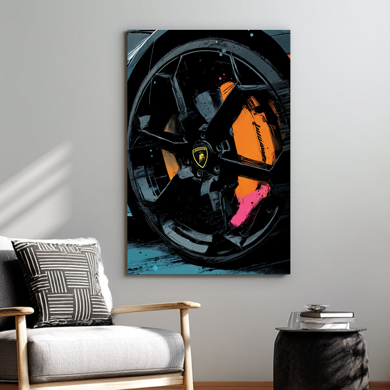 close-up Lamborghini wheel wall art with orange and pink abstract accents