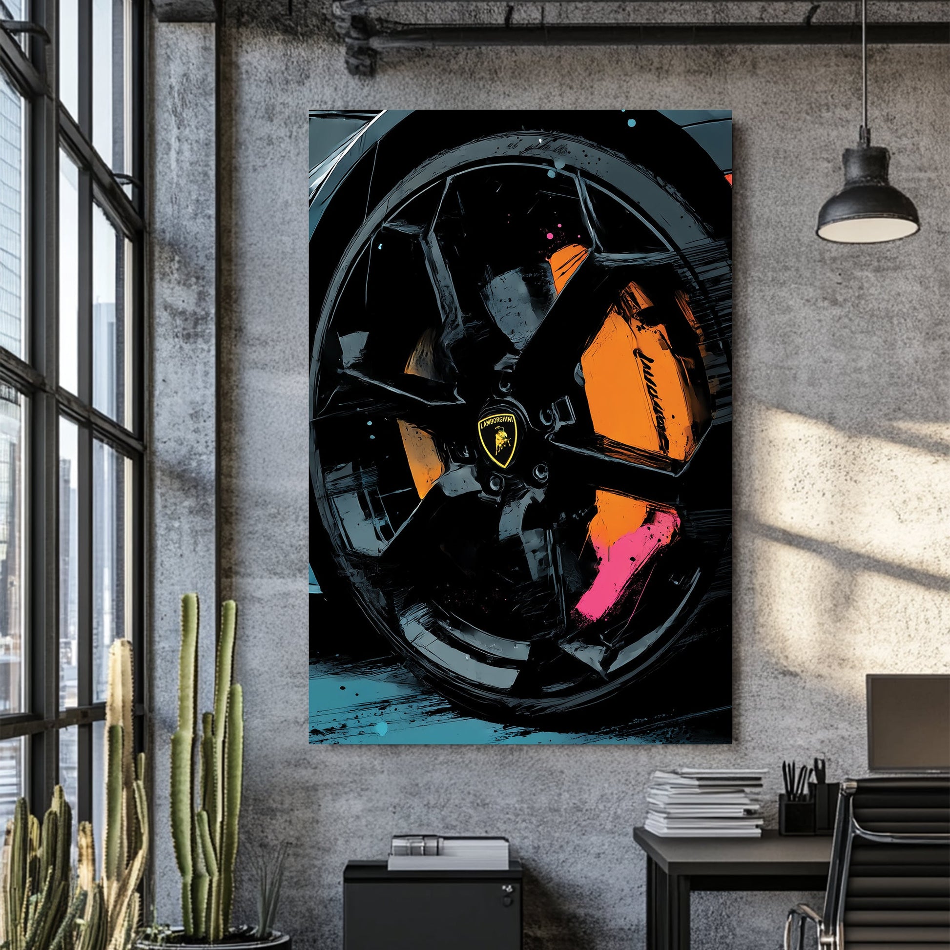 close-up Lamborghini wheel wall art with orange and pink abstract accents