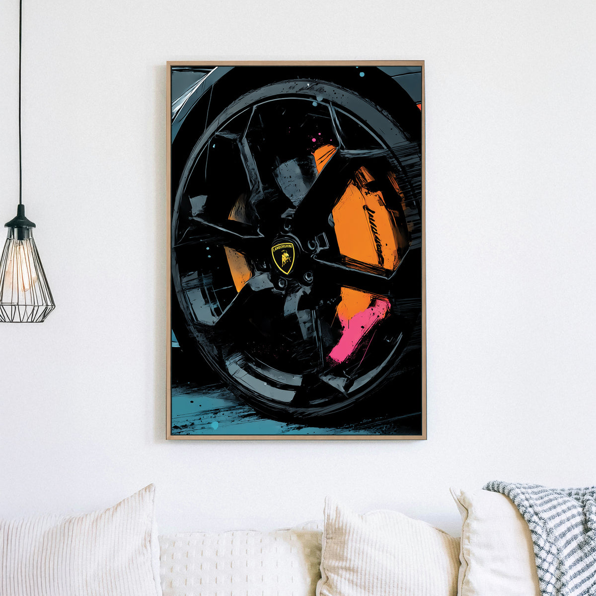 close-up Lamborghini wheel wall art with orange and pink abstract accents