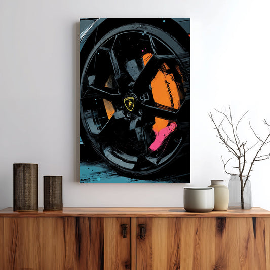 close-up Lamborghini wheel wall art with orange and pink abstract accents