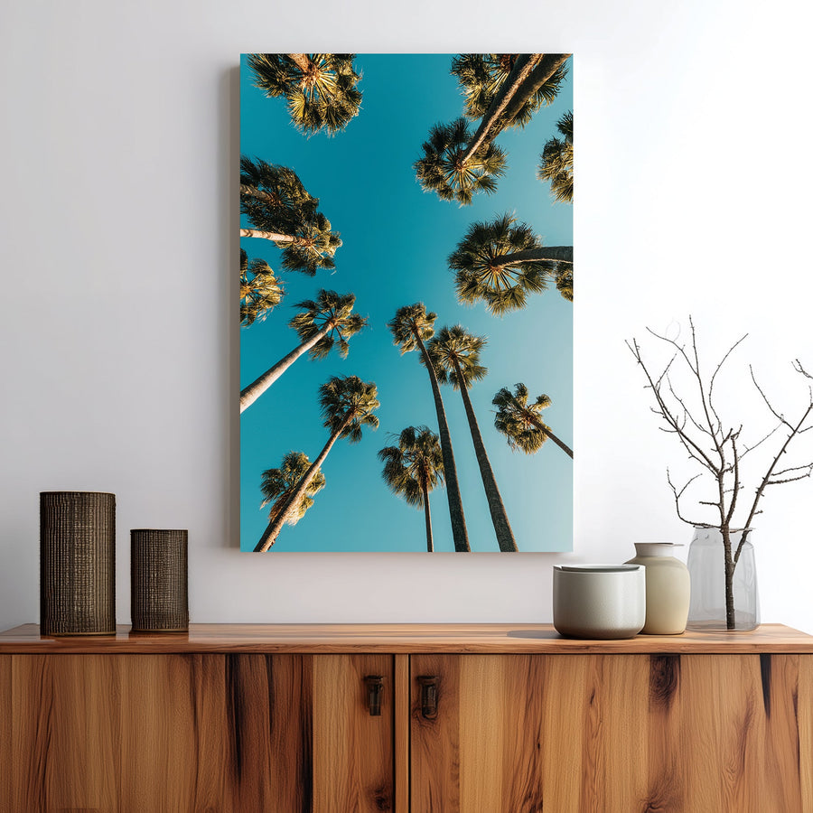 tall palm trees blue sky golden hour wall art