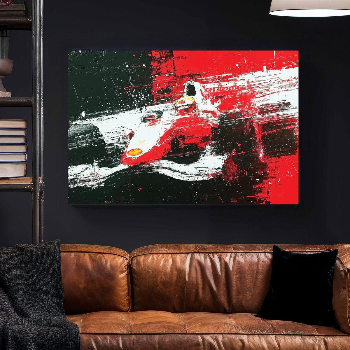 abstract F1 racing wall art in red black and white