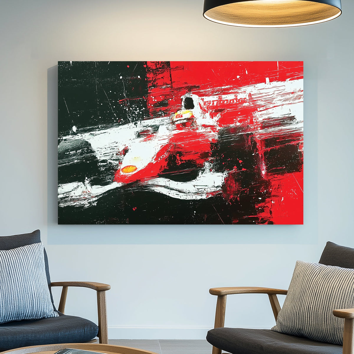 abstract F1 racing wall art in red black and white