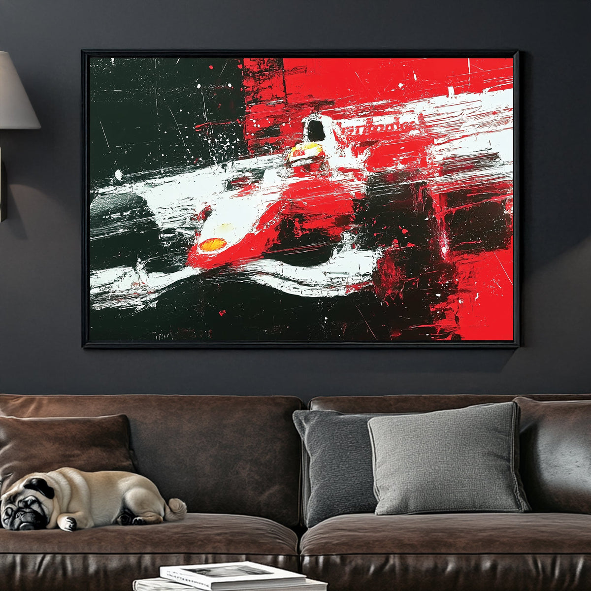 abstract F1 racing wall art in red black and white