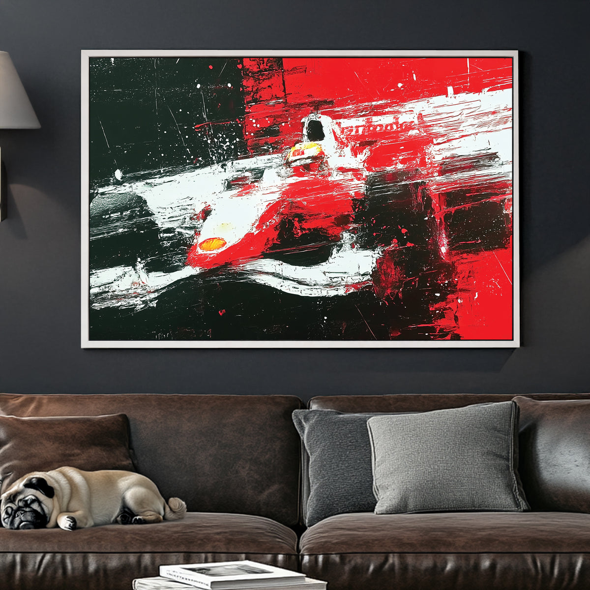 abstract F1 racing wall art in red black and white