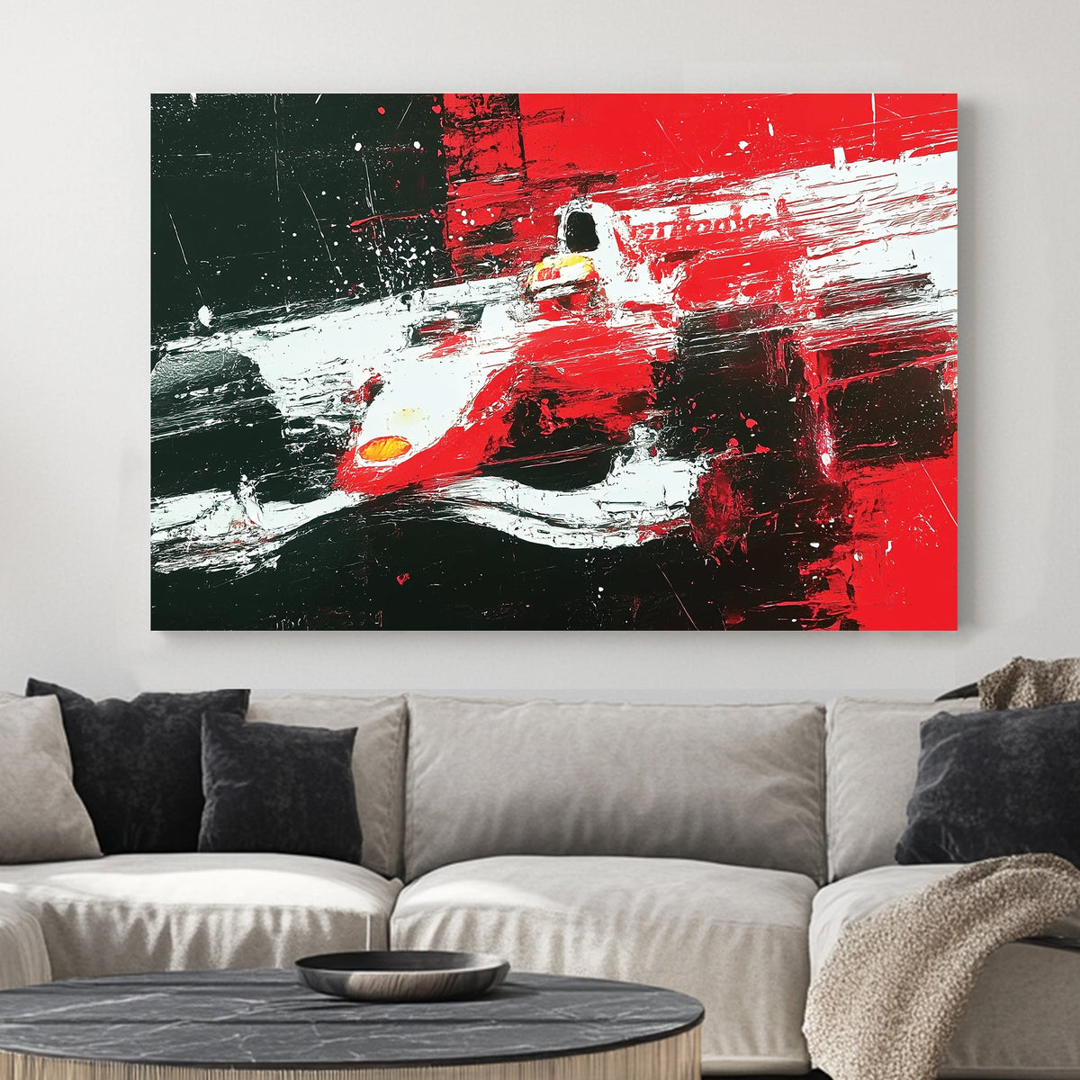 abstract F1 racing wall art in red black and white