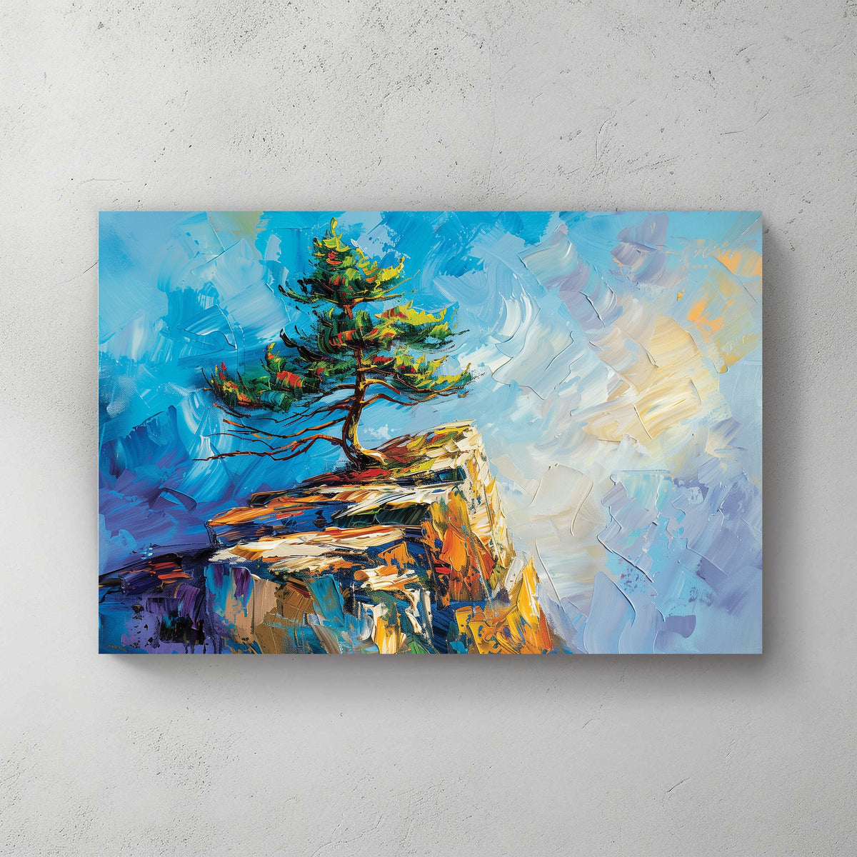 textured landscape wall art with tree on cliff and vivid brushstrokes